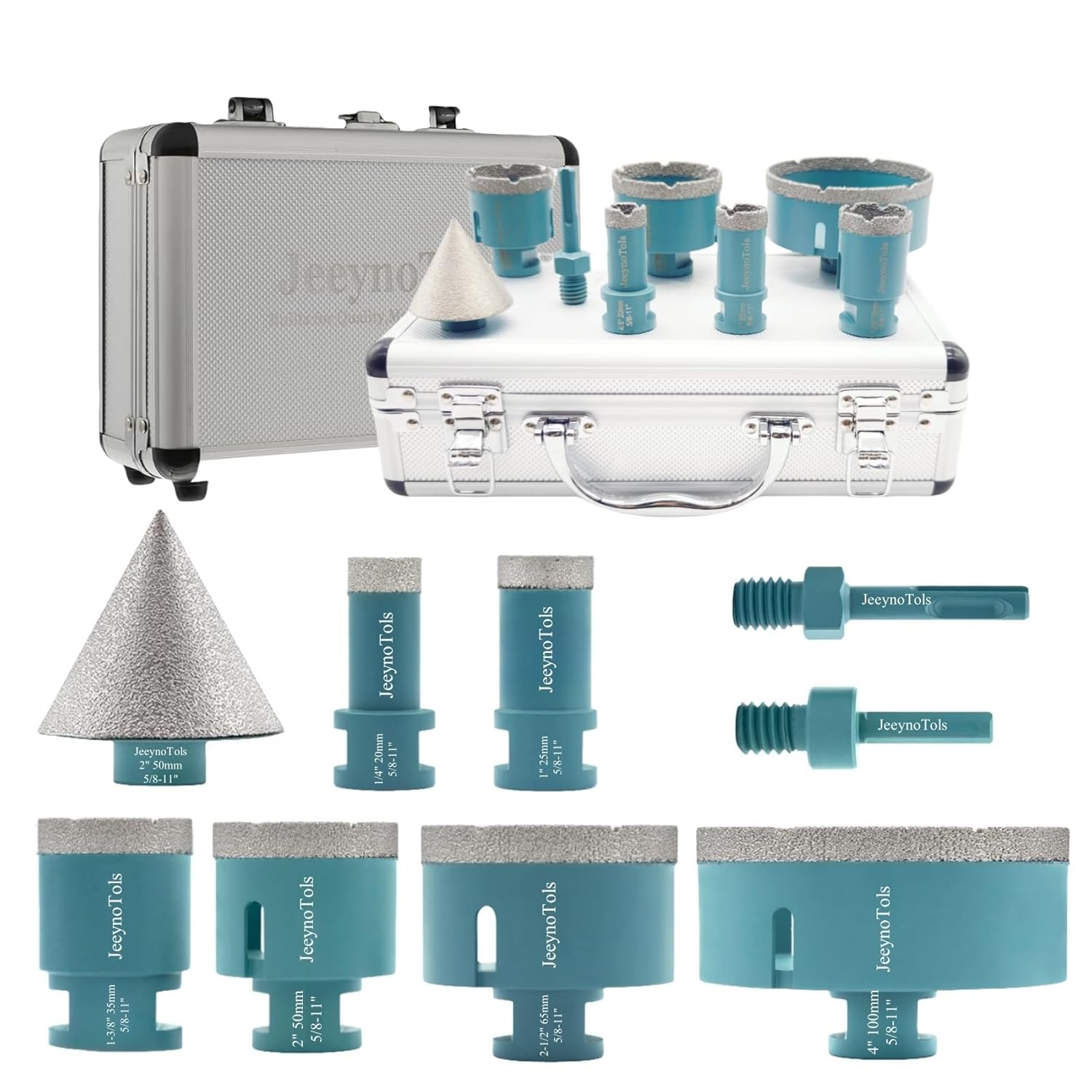 JeeynoTols Diamond Core Drill Bits Set 9pcs(4/5,1,1-3/8,2,2-1/2,4 Drill Bit 2 Beveling Chamfer Bit 2 Adapter) for Ceramic,Tile,Marble,Porcelain for Drilling,Shape,Enlarge,5/8-11 Thread